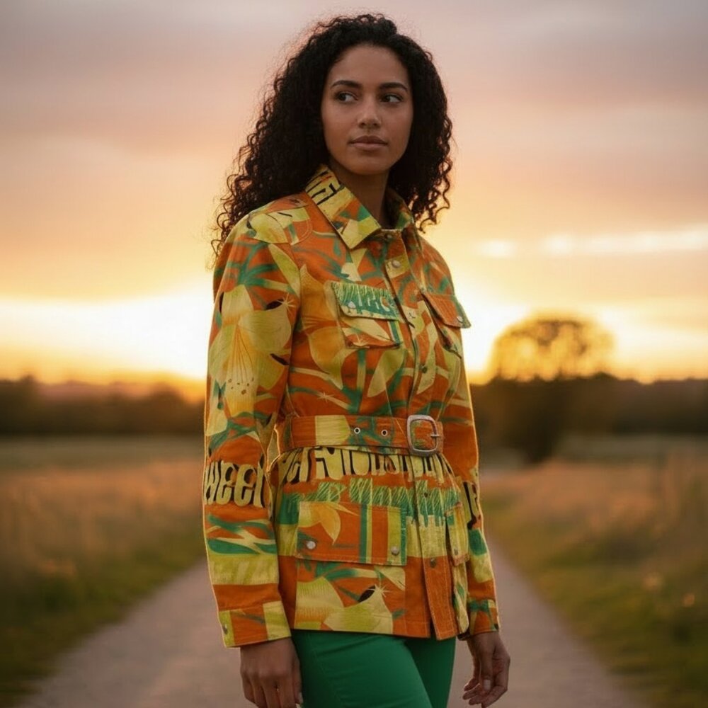 Vintage Y2K Custo Barcelona Tropical Print Belted Peplum Shirt-Jacket size 4/38